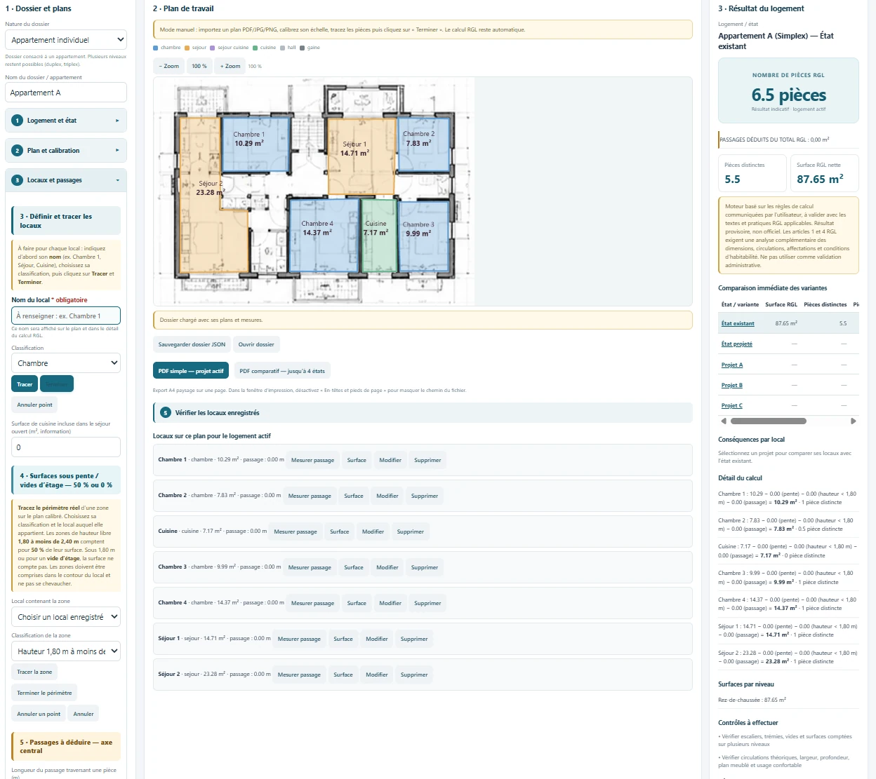 Véritable interface ARCHI-RGL : plan de logement coloré et calcul des pièces RGL